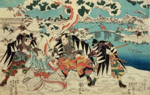 "Chushingura" (berättelsen om de fyrtiosju ronin - mästarlösa samurajer); en scen från andra akten när roninerna attackerar Moronaos slott, publicerad omkring 1854, (träsnitt i färg)